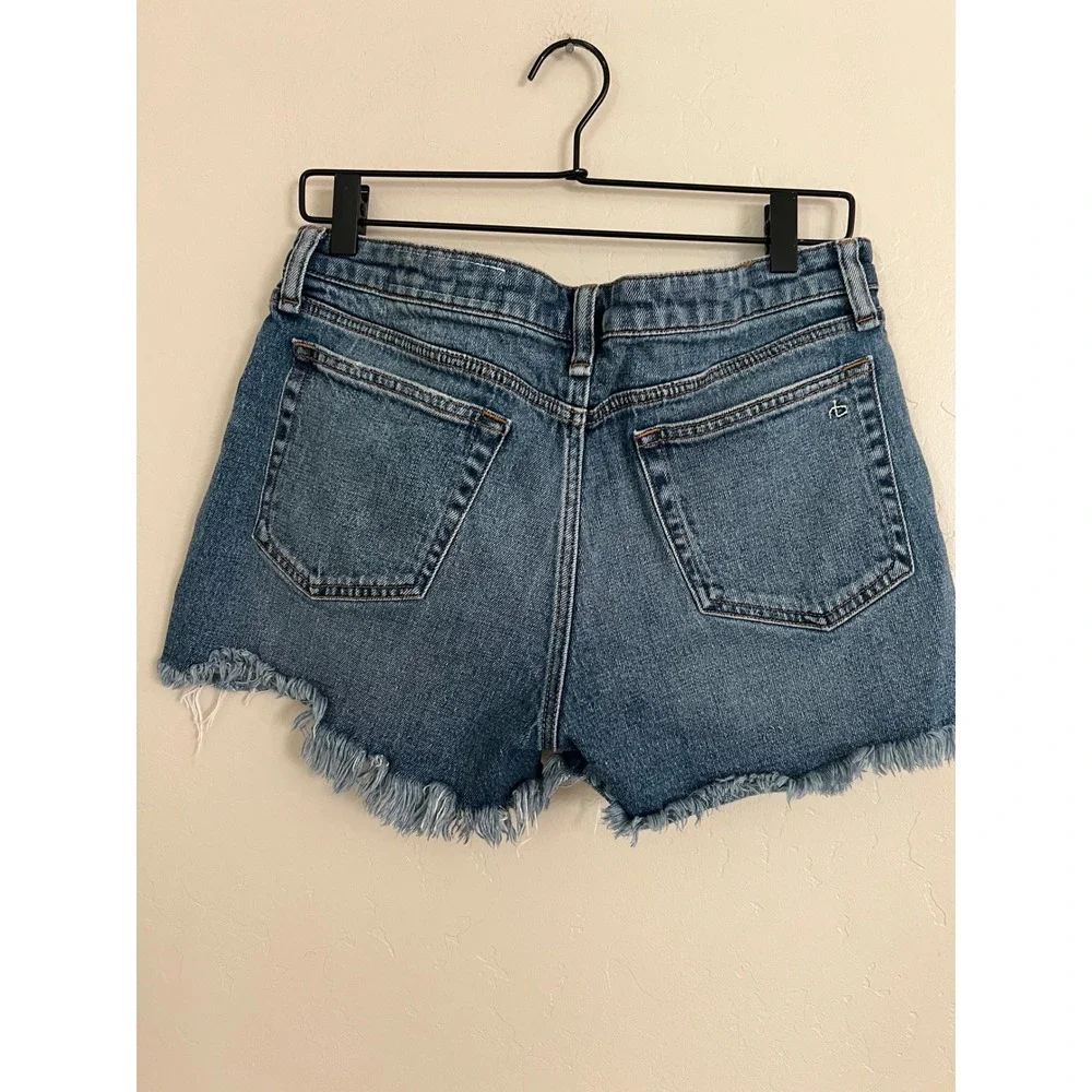 Rag & Bone Dre Low-Rise Denim Shorts Medium Wash Distressed Raw Hem Size 28